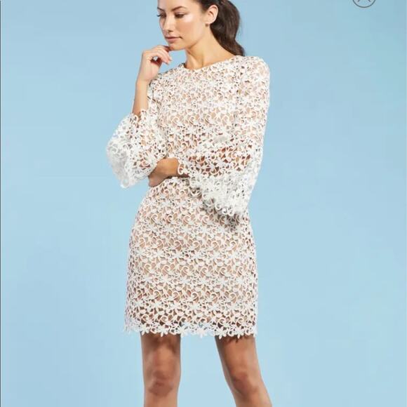 Dress the Population White Lace Crochet Shift Dress Bell Sleeves - Picture 1 of 14